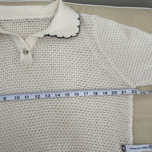 Corean Open Stitch Knit Polo Sweater Contrast Scallop Hem M - Picture 6 of 8